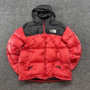 The North Face Nuptse Jacket Mens Medium Red Black 700 Down Puffer Hooded Ski